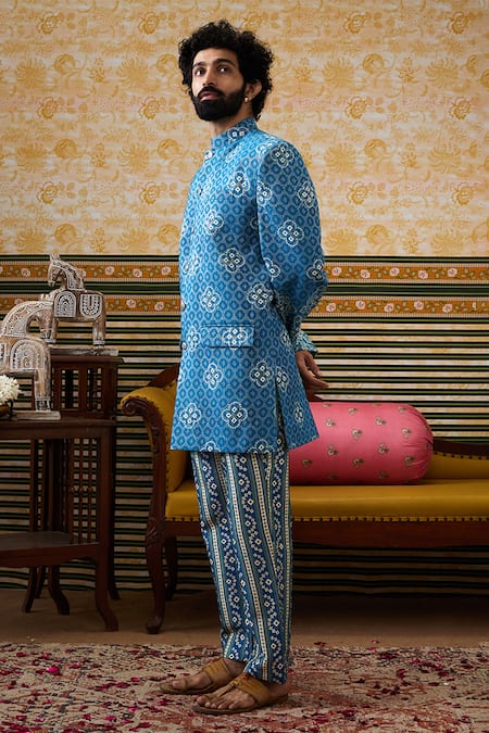 Soup By Sougat Paul_Blue Silk Floral Bandhej Print Bandhgala Set _at_Aza_Fashions