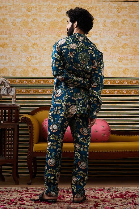 Shop Soup By Sougat Paul Green Satin, Linen Embroidery Mehr Floral Vine Print Kurta With Pant at Aza Fashions Shop_Soup By Sougat Paul_Green Satin, Linen Embroidery Mehr Floral Vine Print Kurta With Pant _at_Aza_Fashions