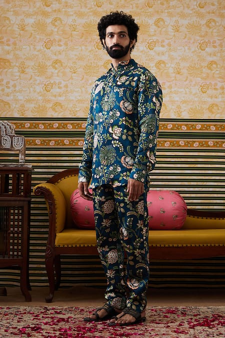 Buy Soup By Sougat Paul Green Satin, Linen Embroidery Mehr Floral Vine Print Kurta With Pant Online at Aza Fashions Buy_Soup By Sougat Paul_Green Satin, Linen Embroidery Mehr Floral Vine Print Kurta With Pant _Online_at_Aza_Fashions