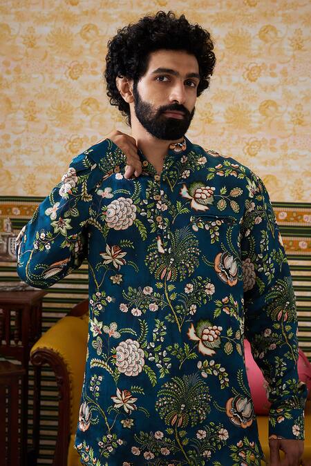 Soup By Sougat Paul Green Satin, Linen Embroidery Mehr Floral Vine Print Kurta With Pant at Aza Fashions Soup By Sougat Paul_Green Satin, Linen Embroidery Mehr Floral Vine Print Kurta With Pant _at_Aza_Fashions