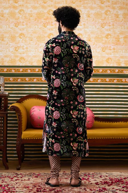 Shop_Soup By Sougat Paul_Black Velvet, Chanderi Embroidery Mehr Floral Blossom Print Kurta With Churidar _at_Aza_Fashions