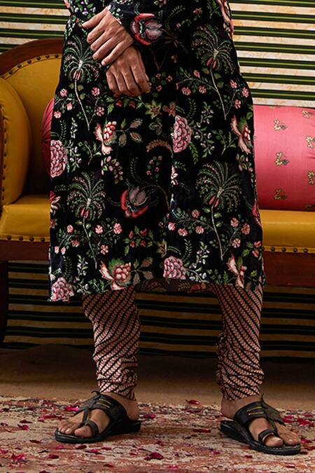 Soup By Sougat Paul_Black Velvet, Chanderi Embroidery Mehr Floral Blossom Print Kurta With Churidar _Online_at_Aza_Fashions