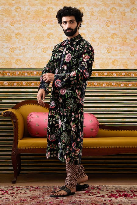 Buy_Soup By Sougat Paul_Black Velvet, Chanderi Embroidery Mehr Floral Blossom Print Kurta With Churidar _Online_at_Aza_Fashions