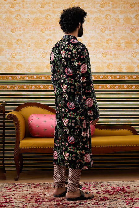 Shop_Soup By Sougat Paul_Black Velvet, Chanderi Embroidery Mehr Floral Blossom Print Kurta With Churidar _Online_at_Aza_Fashions
