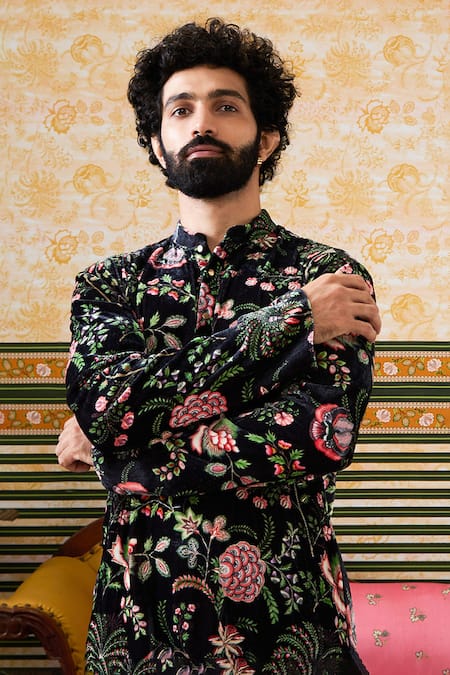 Soup By Sougat Paul_Black Velvet, Chanderi Embroidery Mehr Floral Blossom Print Kurta With Churidar _at_Aza_Fashions