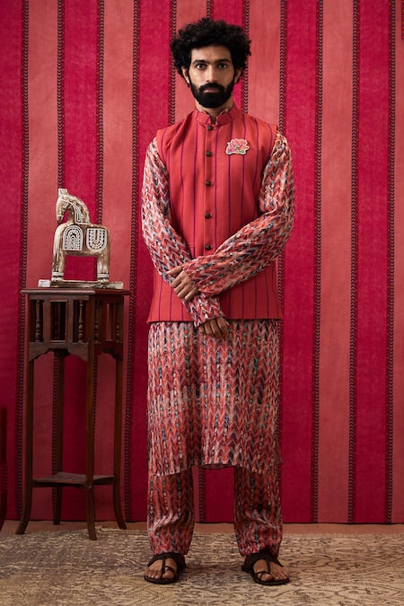 Soup by Sougat Paul Multi Color Kurta And Pant Muslin Slub Print Illusion Adah Stripe Bundi Set 