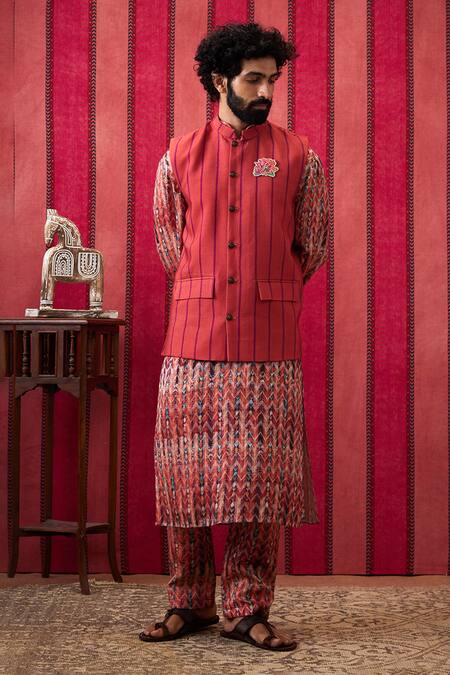Buy Soup By Sougat Paul Multi Color Muslin, Silk Stripe Print Bundi Kurta Set Online at Aza Fashions Buy_Soup By Sougat Paul_Multi Color Muslin, Silk Stripe Print Bundi Kurta Set _Online_at_Aza_Fashions