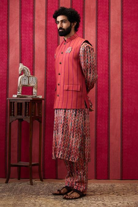 Shop Soup By Sougat Paul Multi Color Muslin, Silk Stripe Print Bundi Kurta Set Online at Aza Fashions Shop_Soup By Sougat Paul_Multi Color Muslin, Silk Stripe Print Bundi Kurta Set _Online_at_Aza_Fashions