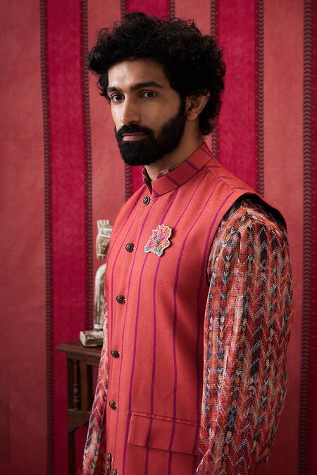 Soup By Sougat Paul Multi Color Muslin, Silk Stripe Print Bundi Kurta Set at Aza Fashions Soup By Sougat Paul_Multi Color Muslin, Silk Stripe Print Bundi Kurta Set _at_Aza_Fashions