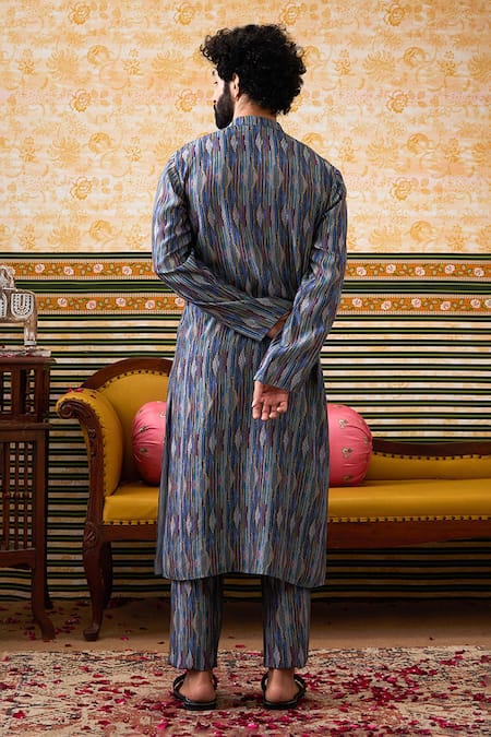 Shop Soup By Sougat Paul Blue Cotton, Silk Embroidery Elara Abstract Kurta With Pant at Aza Fashions Shop_Soup By Sougat Paul_Blue Cotton, Silk Embroidery Elara Abstract Kurta With Pant _at_Aza_Fashions