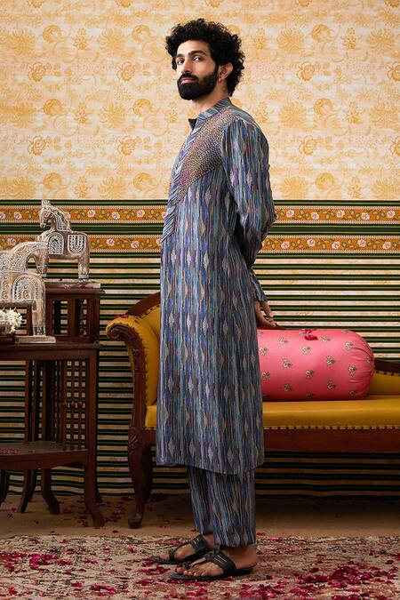 Shop Soup By Sougat Paul Blue Cotton, Silk Embroidery Elara Abstract Kurta With Pant Online at Aza Fashions Shop_Soup By Sougat Paul_Blue Cotton, Silk Embroidery Elara Abstract Kurta With Pant _Online_at_Aza_Fashions