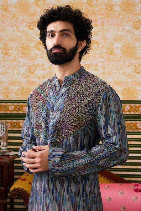 Soup By Sougat Paul Blue Cotton, Silk Embroidery Elara Abstract Kurta With Pant at Aza Fashions Soup By Sougat Paul_Blue Cotton, Silk Embroidery Elara Abstract Kurta With Pant _at_Aza_Fashions