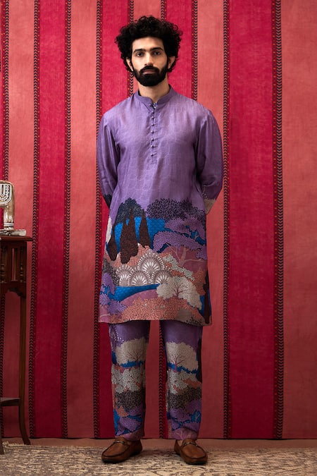 Soup By Sougat Paul_Purple Silk Embroidery Zaynab Forest Print Kurta With Pant _Online_at_Aza_Fashions