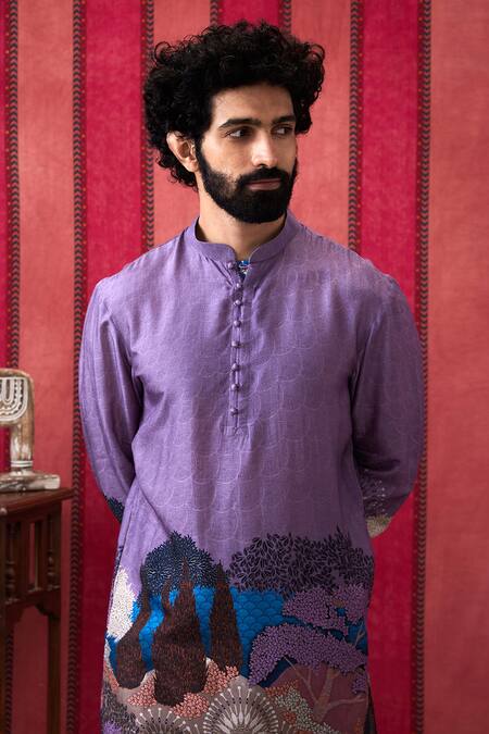 Soup By Sougat Paul_Purple Silk Embroidery Zaynab Forest Print Kurta With Pant _at_Aza_Fashions