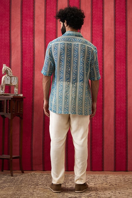 Shop_Soup By Sougat Paul_Blue Cotton Embroidery Bandhej Print Shirt With Pant _at_Aza_Fashions