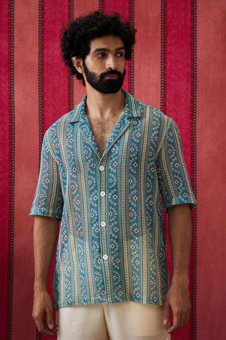 Soup By Sougat Paul_Blue Cotton Embroidery Bandhej Print Shirt With Pant _Online_at_Aza_Fashions
