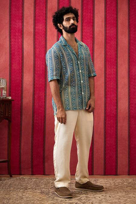 Soup By Sougat Paul_Blue Cotton Embroidery Bandhej Print Shirt With Pant _at_Aza_Fashions