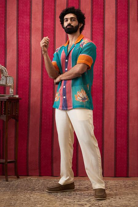 Buy_Soup By Sougat Paul_Multi Color Cotton, Silk Embroidery Zinnia Floral Print Shirt With Pant _Online_at_Aza_Fashions