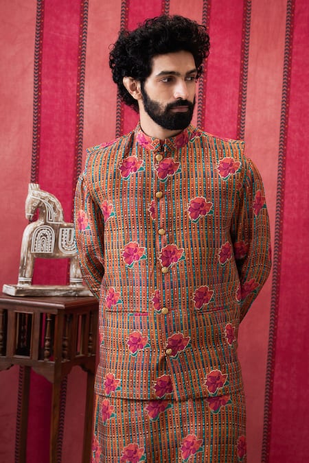 Shop Soup By Sougat Paul Multi Color Silk Embroidery Floral Bundi Kurta Set Online at Aza Fashions Shop_Soup By Sougat Paul_Multi Color Silk Embroidery Floral Bundi Kurta Set _Online_at_Aza_Fashions