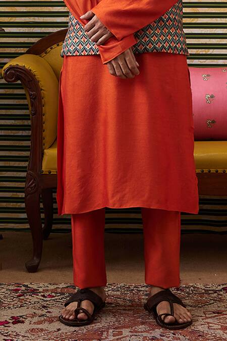 Soup By Sougat Paul_Orange Chanderi, Silk Embroidery Geometric Embellished Bundi Kurta Set _Online_at_Aza_Fashions