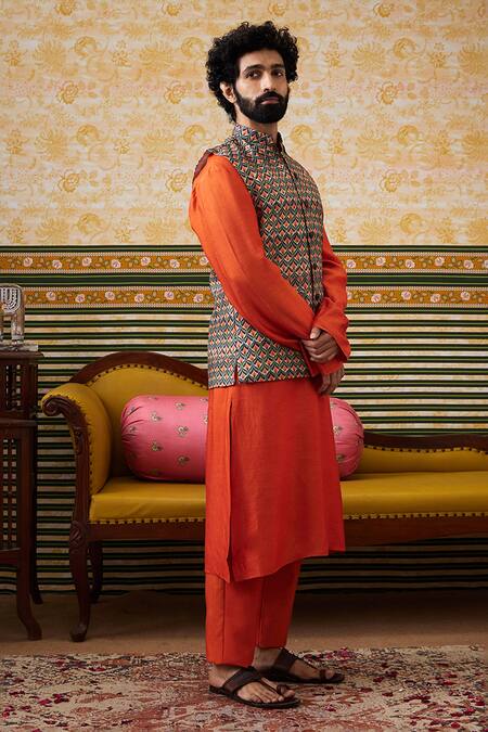 Buy_Soup By Sougat Paul_Orange Chanderi, Silk Embroidery Geometric Embellished Bundi Kurta Set _Online_at_Aza_Fashions