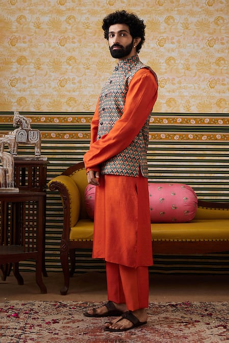 Shop_Soup By Sougat Paul_Orange Chanderi, Silk Embroidery Geometric Embellished Bundi Kurta Set _Online_at_Aza_Fashions