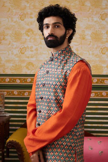 Soup By Sougat Paul_Orange Chanderi, Silk Embroidery Geometric Embellished Bundi Kurta Set _at_Aza_Fashions