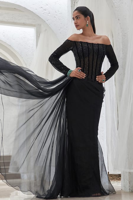 Mahima Mahajan Black Net Embellished Sequin Off Shoulder Adina Work Panelled Gown