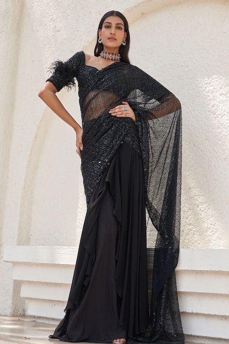 Mahima Mahajan Black Net Embellished Sequin Sweetheart Adira Pre-stitched Saree With Blouse