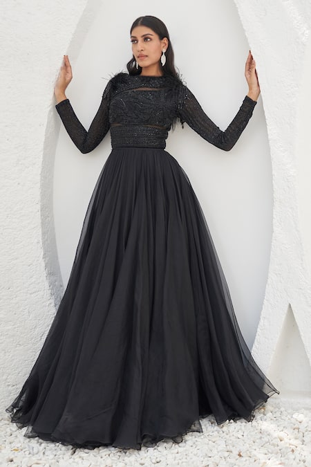 Buy_Mahima Mahajan_Black Net Embellished Crystal Round Adila Anarkali With Dupatta_Online_at_Aza_Fashions