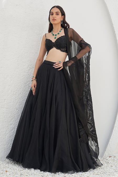 Mahima Mahajan Black Net Embellished Crystal Sweetheart Aafia Flared Lehenga Set With Blouse