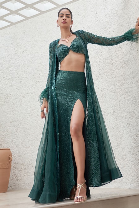 Mahima Mahajan Green Net Embellished Crystal Blouse Safa Sequin Cape Slit Skirt Set
