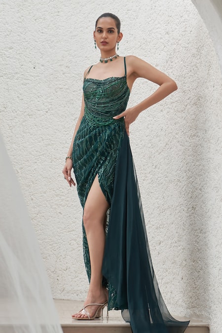 Mahima Mahajan Tabia Sequin Wave Embellished Slit Gown 