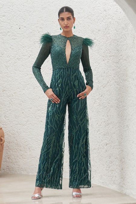 Mahima Mahajan Green Net Embellished Sequin Round Tahira Cluster Jumpsuit