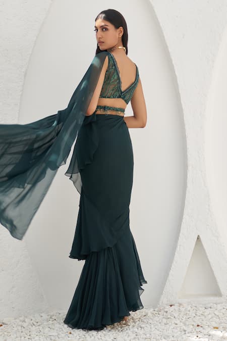 Shop_Mahima Mahajan_Green Organza, Net, Crepe Tamia Plain Ruffle Pre-stitched Saree Blouse Set _at_Aza_Fashions
