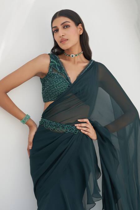 Mahima Mahajan_Green Organza, Net, Crepe Tamia Plain Ruffle Pre-stitched Saree Blouse Set _Online_at_Aza_Fashions