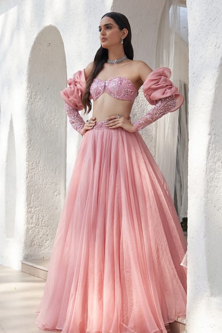 Mahima Mahajan Pink Net Hand Embroidery Sequins Sweetheart Neck Paarkhi Lehenga With Blouse