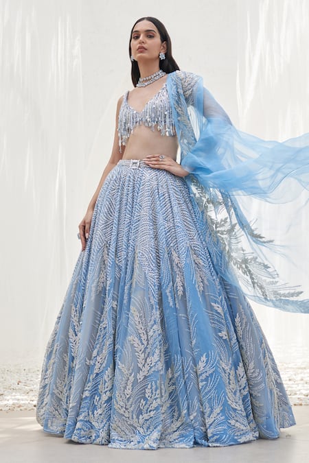 Mahima Mahajan Blue Net Hand Embroidery Sequins V Neck Panah Lehenga Set