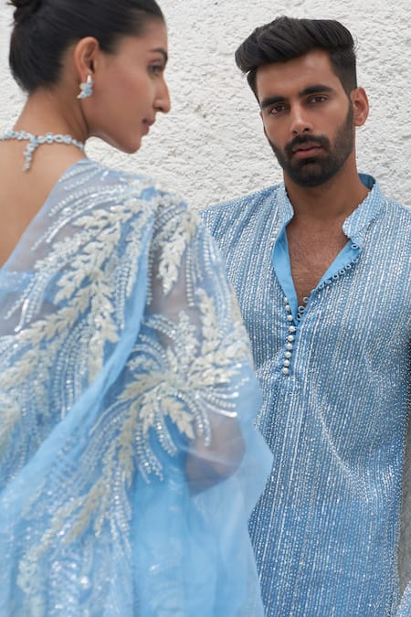 Buy Mahima Mahajan Blue Net Hand Embroidery Sequins Sweetheart Neck Sanah Kurta Gharara Set Online at Aza Fashions Buy_Mahima Mahajan_Blue Net Hand Embroidery Sequins Sweetheart Neck Sanah Kurta Gharara Set_Online_at_Aza_Fashions