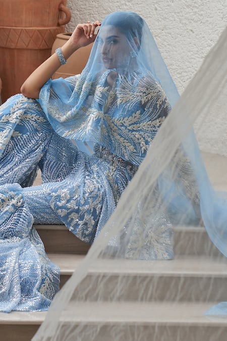 Buy Mahima Mahajan Blue Net Hand Embroidery Sequins Sweetheart Neck Sanah Kurta Gharara Set Buy_Mahima Mahajan_Blue Net Hand Embroidery Sequins Sweetheart Neck Sanah Kurta Gharara Set