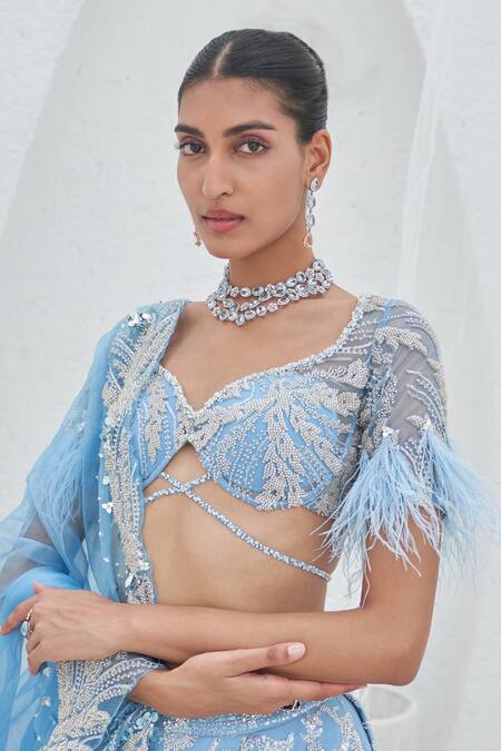 Mahima Mahajan_Blue Net Hand Embroidery Sequins Sweetheart Neck Parizaad Bridal Lehenga Set_at_Aza_Fashions