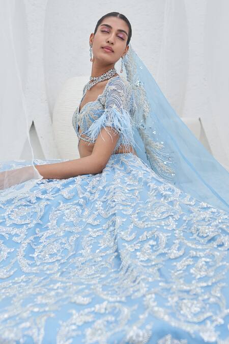 Buy_Mahima Mahajan_Blue Net Hand Embroidery Sequins Sweetheart Neck Parizaad Bridal Lehenga Set