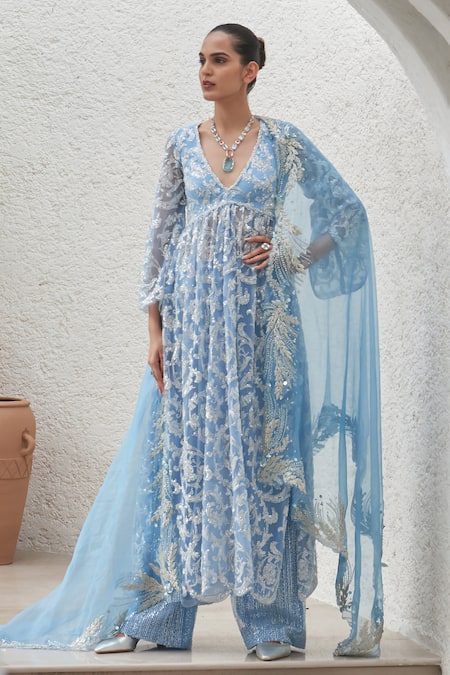 Mahima Mahajan Blue Net Hand Embroidery Sequins V Neck Beena Kurta Pant Set