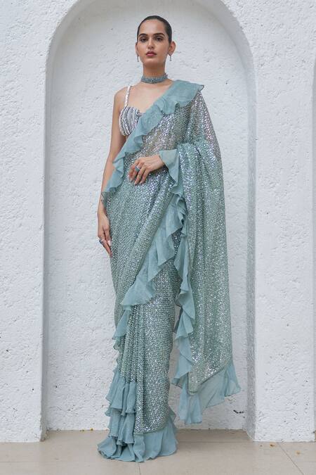 Mahima Mahajan Green Net Hand Embroidery Sequins Jama Pre-stitched Saree With Blouse Online at Aza Fashions Mahima Mahajan_Green Net Hand Embroidery Sequins Jama Pre-stitched Saree With Blouse_Online_at_Aza_Fashions