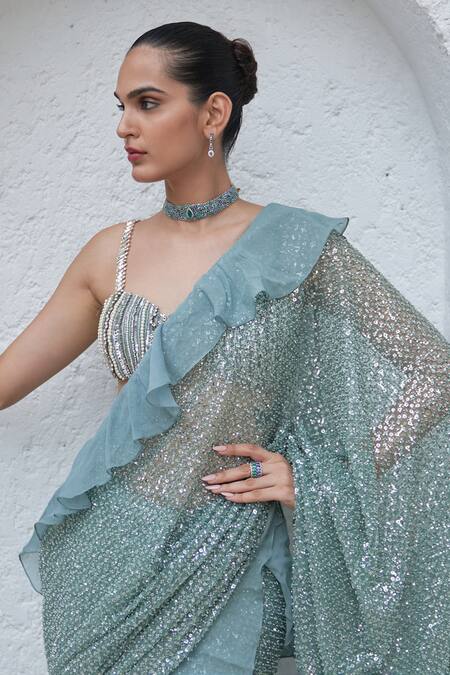 Buy Mahima Mahajan Green Net Hand Embroidery Sequins Jama Pre-stitched Saree With Blouse Online at Aza Fashions Buy_Mahima Mahajan_Green Net Hand Embroidery Sequins Jama Pre-stitched Saree With Blouse_Online_at_Aza_Fashions