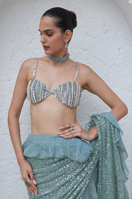 Shop Mahima Mahajan Green Net Hand Embroidery Sequins Jama Pre-stitched Saree With Blouse Online at Aza Fashions Shop_Mahima Mahajan_Green Net Hand Embroidery Sequins Jama Pre-stitched Saree With Blouse_Online_at_Aza_Fashions