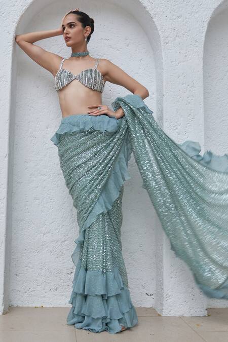 Mahima Mahajan Green Net Hand Embroidery Sequins Jama Pre-stitched Saree With Blouse at Aza Fashions Mahima Mahajan_Green Net Hand Embroidery Sequins Jama Pre-stitched Saree With Blouse_at_Aza_Fashions