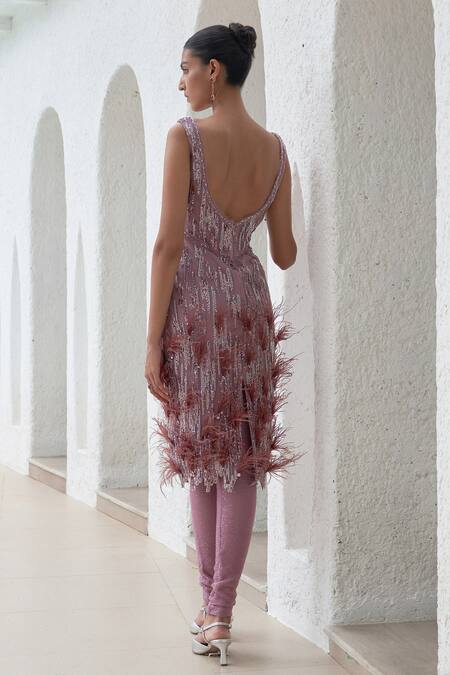 Shop Mahima Mahajan Purple Net Hand Embroidery Sequins Sweetheart Neck Raina Kurta Pant Set at Aza Fashions Shop_Mahima Mahajan_Purple Net Hand Embroidery Sequins Sweetheart Neck Raina Kurta Pant Set_at_Aza_Fashions