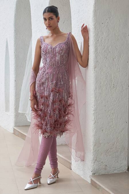 Mahima Mahajan Purple Net Hand Embroidery Sequins Sweetheart Neck Raina Kurta Pant Set Online at Aza Fashions Mahima Mahajan_Purple Net Hand Embroidery Sequins Sweetheart Neck Raina Kurta Pant Set_Online_at_Aza_Fashions