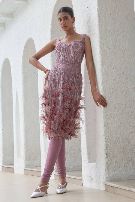 Mahima Mahajan Purple Net Hand Embroidery Sequins Sweetheart Neck Raina Kurta Pant Set at Aza Fashions Mahima Mahajan_Purple Net Hand Embroidery Sequins Sweetheart Neck Raina Kurta Pant Set_at_Aza_Fashions